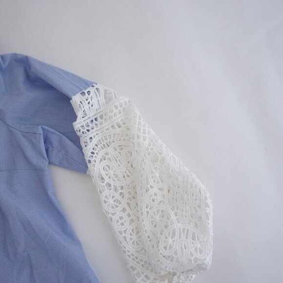 Chico's Blue White Stripe Lace Balloon Sleeve Button Up Cotton Blend Shirt 1P - Picture 3 of 12